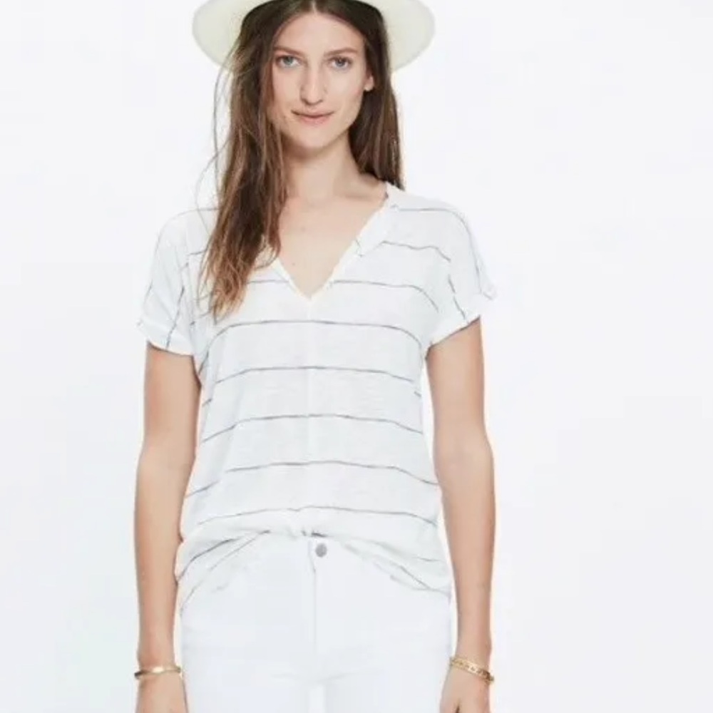 Madewell Turntable Split Neck Tee Calgary Stripe v neck shirt size XS